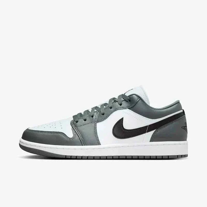 Nike Air Jordan 1 Low men's shoes in white, black, and iron gray.
