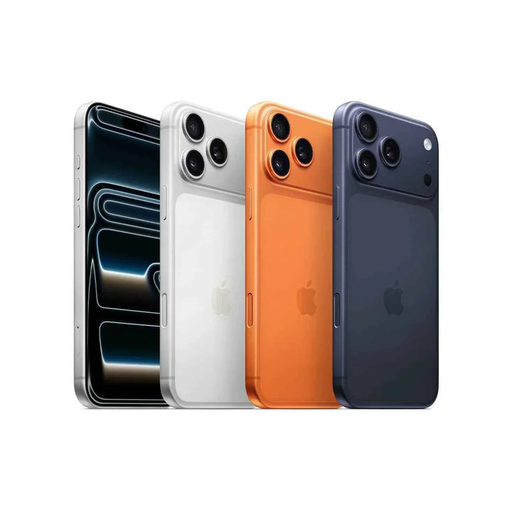 Apple iPhone 17 Pro Max in black, white, orange, and navy with triple cameras and sleek design