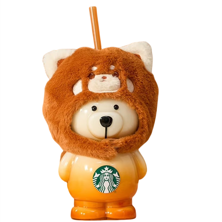 كوب ستاربكس بتصميم دب لطيف مع غطاء فروي وقبضة مريحة وشفاطة برتقالية أنيقة