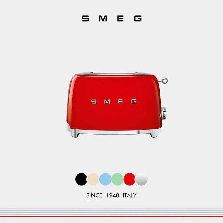 Red SMEG Italian toaster with retro design and wide slots, featuring multiple heat settings and easy-to-clean crumb tray.