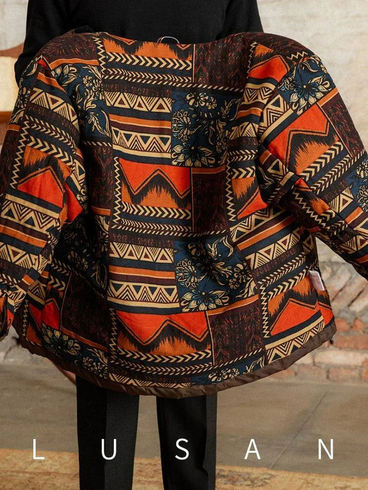 Mr. Lusan jacket with colorful geometric and floral patterns, lightweight and warm winter design