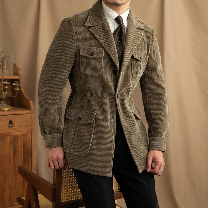 Mr. Lusan Jacket British corduroy blazer with classic collar and four buttoned pockets in olive color for smart casual and formal wear