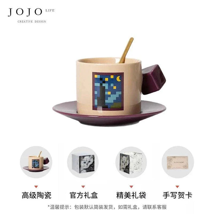 فنجان قهوة سيراميك JOJO بتصميم مكعب روبيك مع صحن وملعقة أنيقة