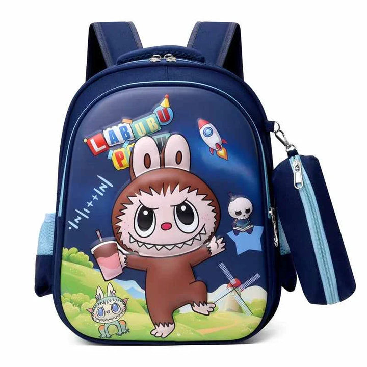 Blue LABUBU cartoon backpack for kids with multiple pockets and lightweight design