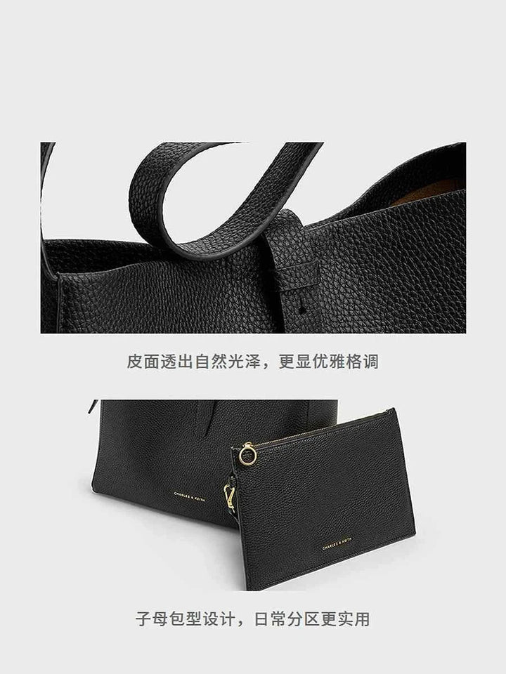 CHARLES KEITH black textured faux leather shoulder bag with small inner pouch and adjustable strap
