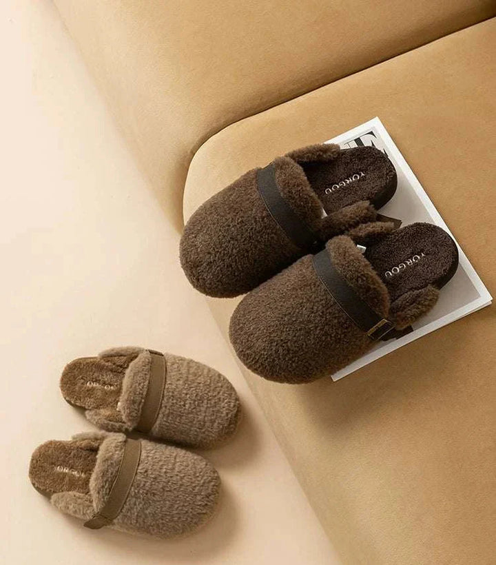 شبشب dalaxiong من القطن مع فرو ناعم، حزام PU قابل للتعديل، مريح ودافئ للمنزل باللونين البني والبيج