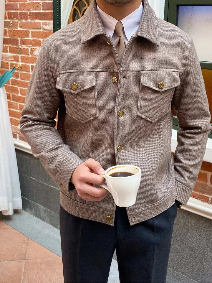 Mr. Lusan thick warm woolen casual jacket in beige and gray with gold buttons, classic collar, and chest pockets.