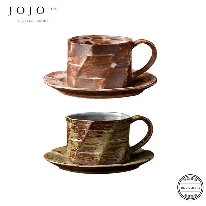 JOJO'S L.PD. East. handmade ceramic coffee cups with matching saucers, earthy brown and gray retro Japanese design