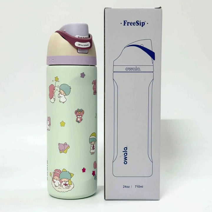 Owala FreeSip cute edition water bottle with leak-proof dual spout and character design, keeps drinks cold for 24 hours, BPA-free.
