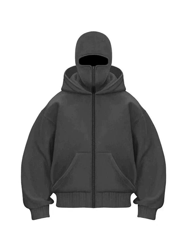 هودي النينجا الأسود بسحّاب وقناع مدمج من قماش فروي سميك للدفا والأناقة