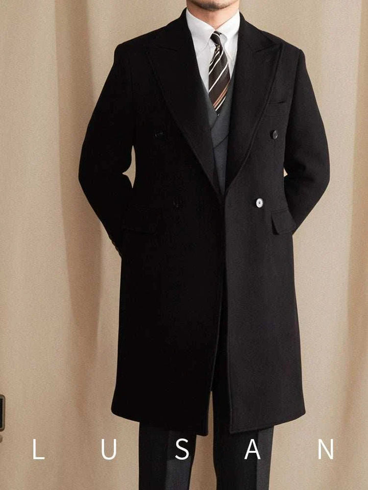 Mr. Lusan coat black double-breasted wool coat with wide lapel and front pockets for elegant warmth and style