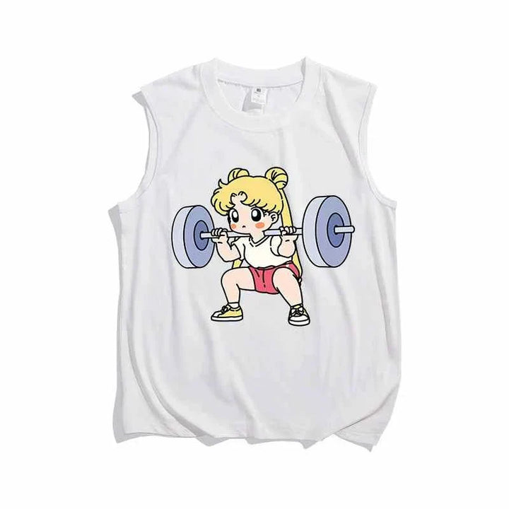 White sleeveless sports t-shirt featuring a cartoon girl lifting weights illustration