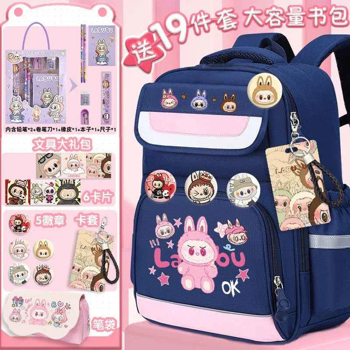Blue Labubu school bag with cute cartoon designs, multiple compartments, side pockets, and included 19-piece school supplies set for kids.