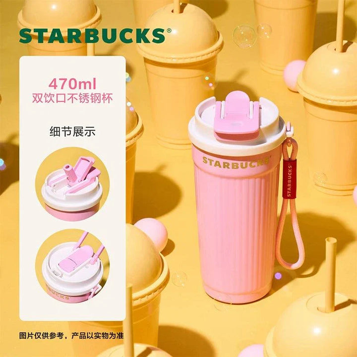 كوب ستاربكس وردي بألوان باستيل مع غطاء مقاوم للتسرب وحزام حمل وتصميم عازل حراري