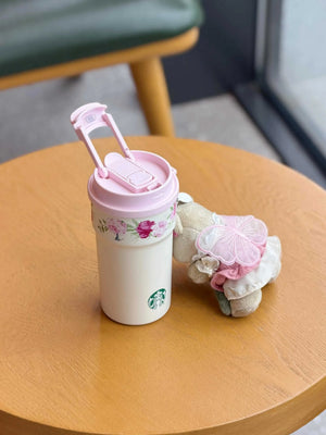 كوب Starbucks ستيل 316L وردي بنقشة الورد مع تعليقة Bear.