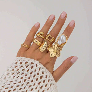 طقم خواتم نسائية بتصميم زهور ولؤلؤ Vintage Rings Set.