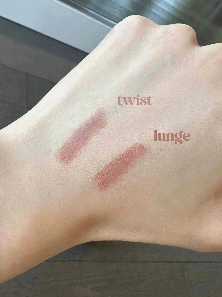 Rhode Lip Liner swatches showing creamy long-lasting lip liner shades Twist and Lunge on skin