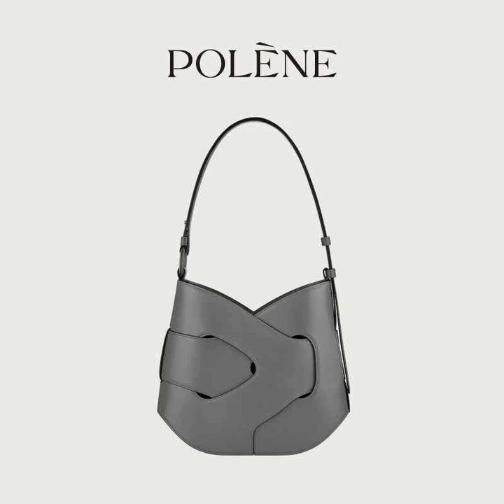 Polène Nodde Hobo bag in smooth full grain cowhide leather with asymmetrical design and adjustable shoulder strap in gray.