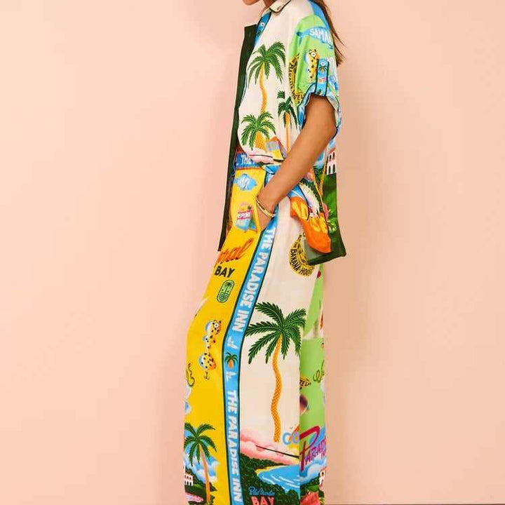 European and American fashion resort casual color-blocked short sleeve set with personality print.