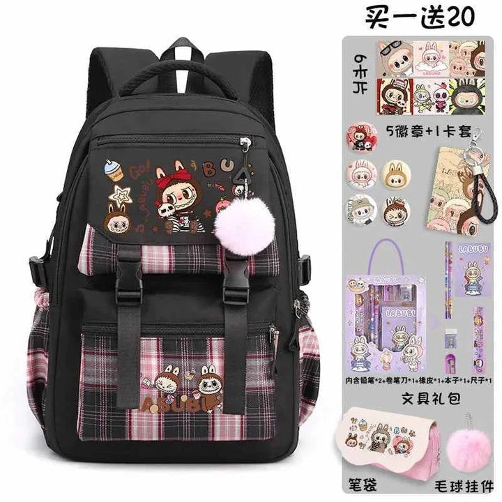 Black LABUBU cute cartoon backpack with large capacity and free 20-piece school supplies set including pens, notebook, and accessories