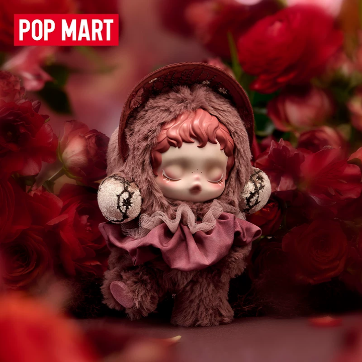 POPMART OSKULLPANDA collectible figure in pink furry costume surrounded by red roses
