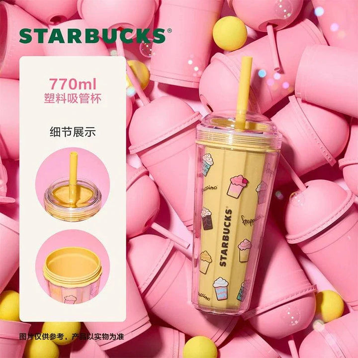 كوب ستاربكس فريابوتشينو عصري بلون وردي وصفراء مع مصاصة وغطاء محكم، مصنوع من مواد عالية الجودة وعازل للحرارة