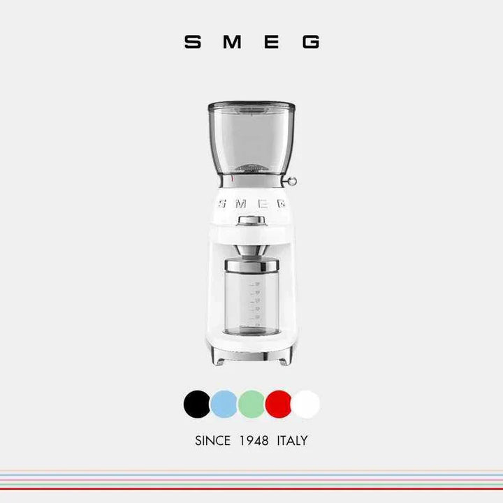SMEG coffee grinder with stainless steel conical blades and adjustable grind settings in multiple colors
