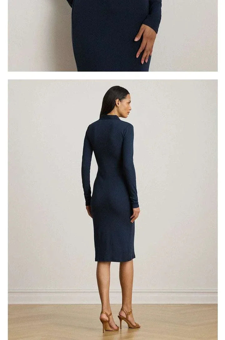 فستان لورين نسائي كحلي ضيق بأكمام طويلة وتصميم أنيق متوسط الطول