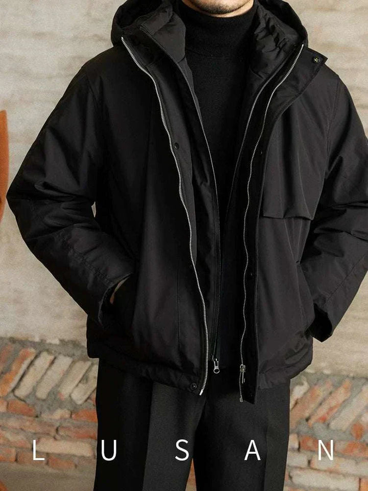 Mr. Lu San's windproof jacket black with hood and dual zippers for warmth and style