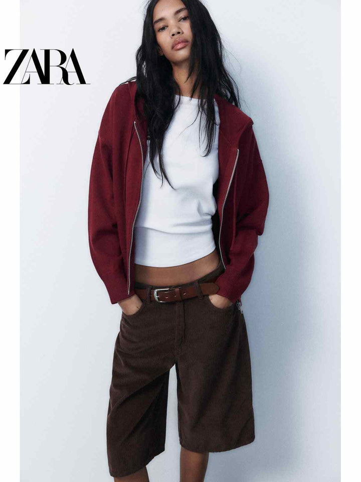 ZARA هودي نسائي كاجوال أصلي بلون خمري بتصميم عصري وراحة عالية للارتداء اليومي