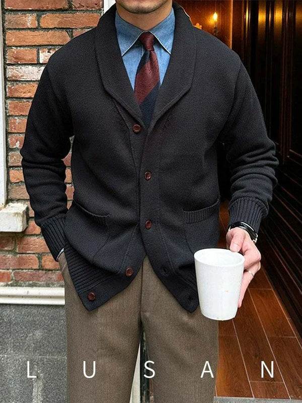 Mr. Lu San Japanese slim casual cardigan black shawl collar with brown buttons and ribbed cuffs worn with tie and trousers