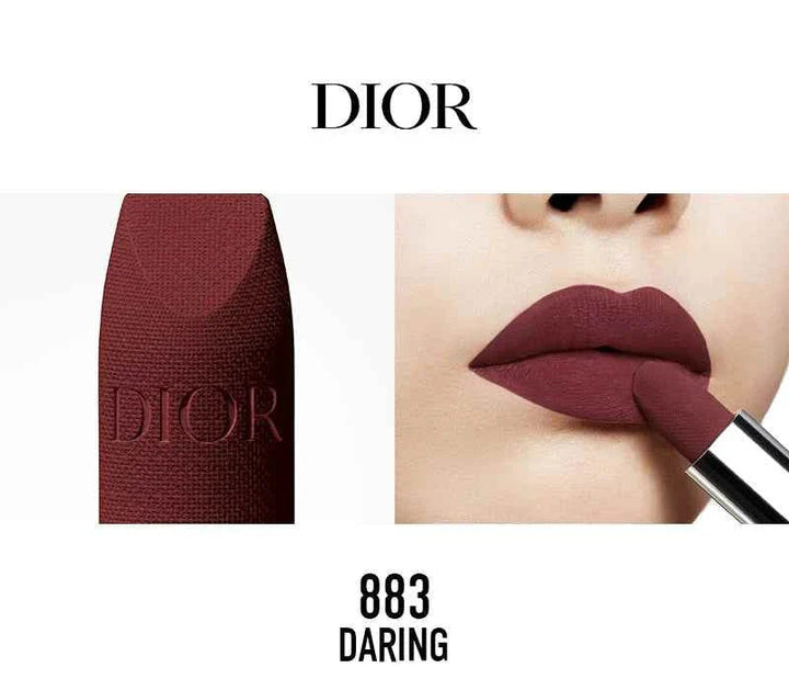 Rouge Dior الكلاسيكية matte burgundy lipstick applied on lips with Dior branding close-up.