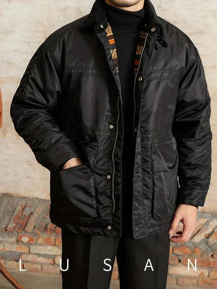 Mr. Lusan jacket Italian waterproof lightweight warm black jacket with corduroy collar and metal zipper