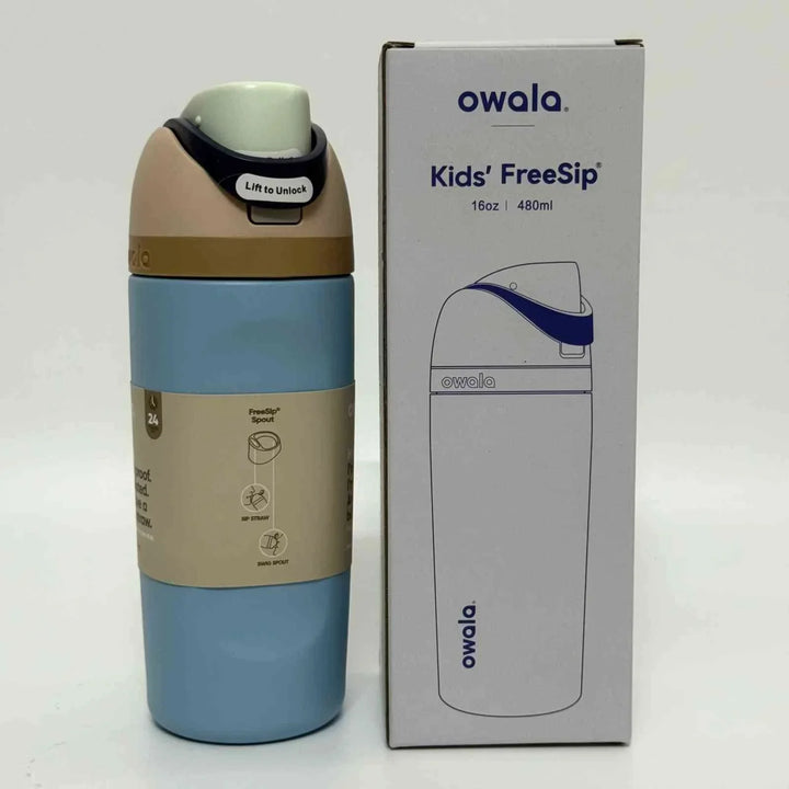 Owala FreeSip kids' water bottle with dual spout, leak-proof design, and stainless steel insulation.
