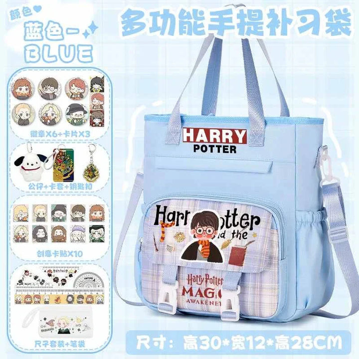 Light blue Harry Potter themed multifunctional school backpack with cartoon character design and multiple compartments
