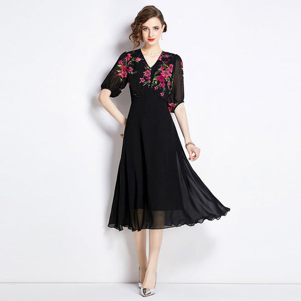 Elegant black chiffon dress with colorful floral pattern, featuring sheer puff sleeves and a high waist retro slim design.