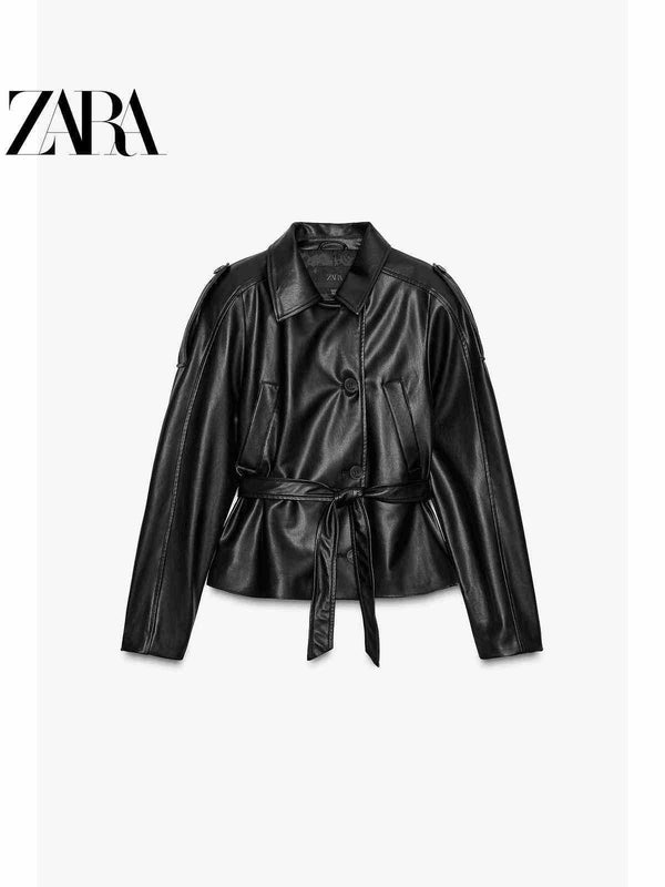 معطف قصير نسائي من الجلد الصناعي بأكمام طويلة من مجموعة ZARA2025 new fall الجديدة لخريف