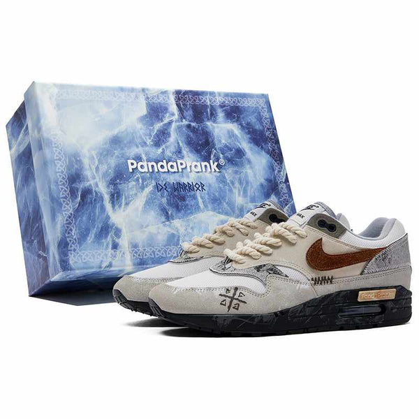 Nike Air Max 1 custom sneakers with elegant classic design, graphic details, luxury materials, vintage-inspired laces, and sturdy sole.