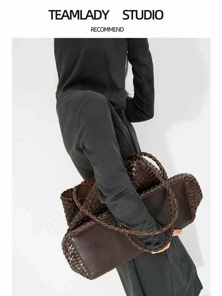 Large woven handmade dark brown genuine leather tote bag for women
