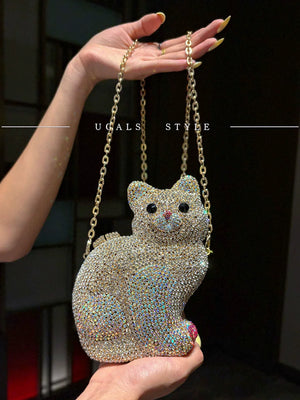 UGALS Heavy Industry Retro Celebrity Full Water Diamond Glass Cute Cartoon Kitten Banquet Hand Handle Crossbody Bag