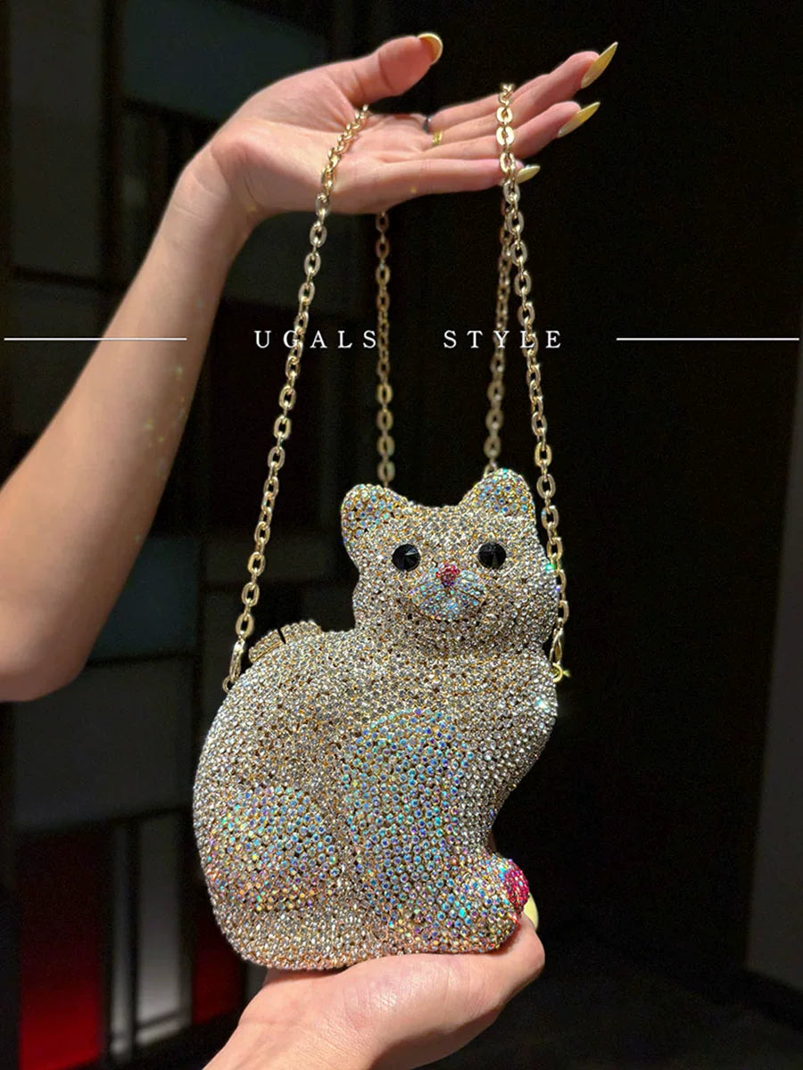 UGALS Heavy Industry Retro Celebrity Full Water Diamond Glass Cute Cartoon Kitten Banquet Hand Handle Crossbody Bag