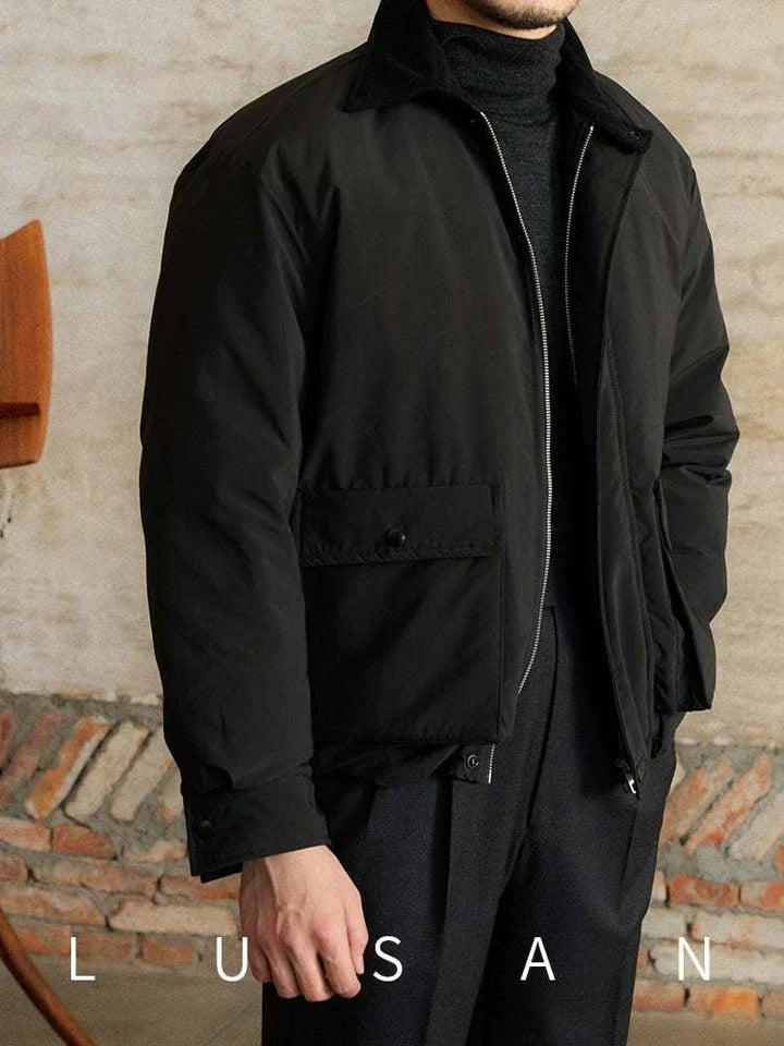 Mr. Lu San's Japanese vintage جاكيت black corduroy collar lightweight insulated jacket with front zipper and buttoned pockets