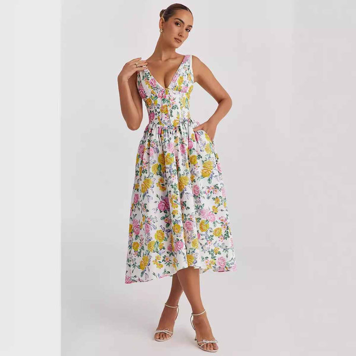 European and American style floral V-neck long dress, perfect for summer fashion.