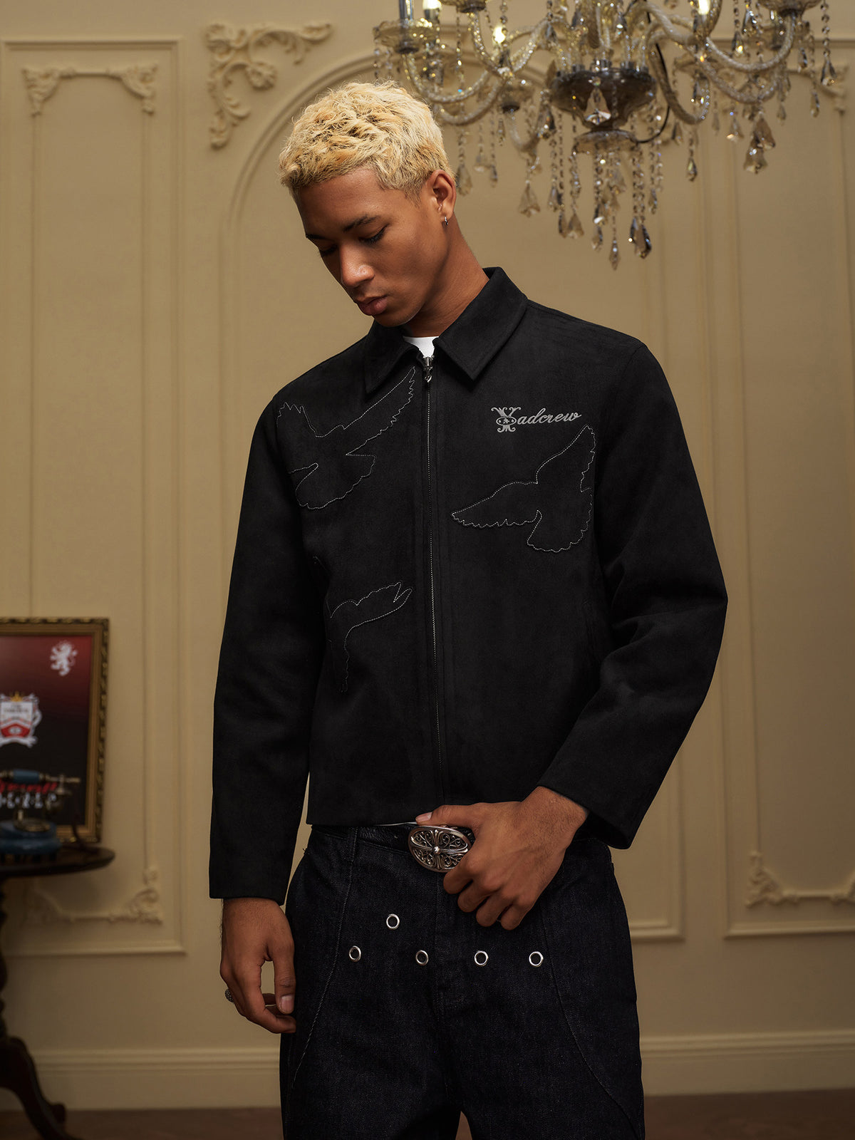 YAD Peace Dove silhouette appliqué suede lapel jacket with a black chain, brown unisex youth