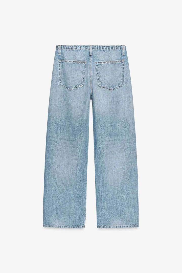 ZARA Wide Leg Jeans for women, light blue denim, casual wide-leg design, elastic waist with drawstring, functional back pockets, soft high-quality fabric.