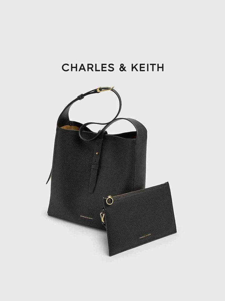 CHARLES KEITH black shoulder bag with small inner pouch in faux leather, elegant and practical design
