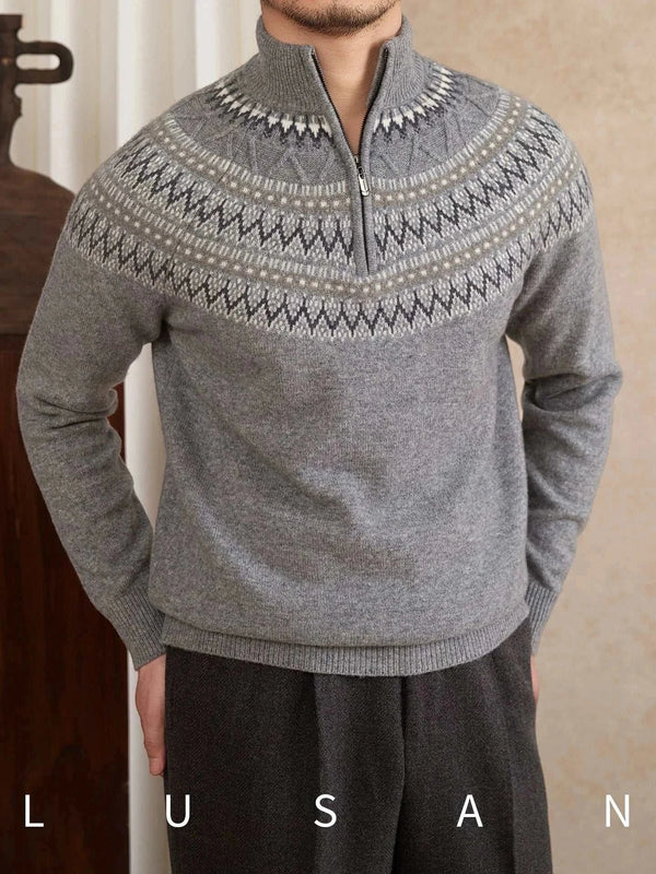 Mr. Lu San 100% wool slim sweater with Scandinavian pattern and half-zip collar in gray