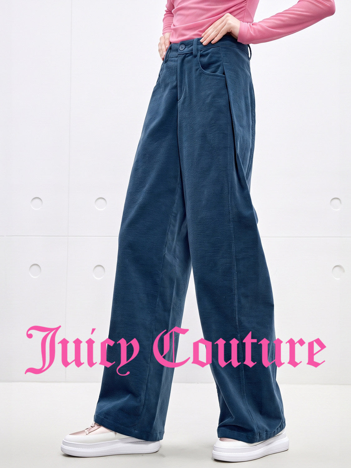 Juicy Couture orange casual pants for women, loose wide-leg blue corduroy vintage fashionable simple long pants