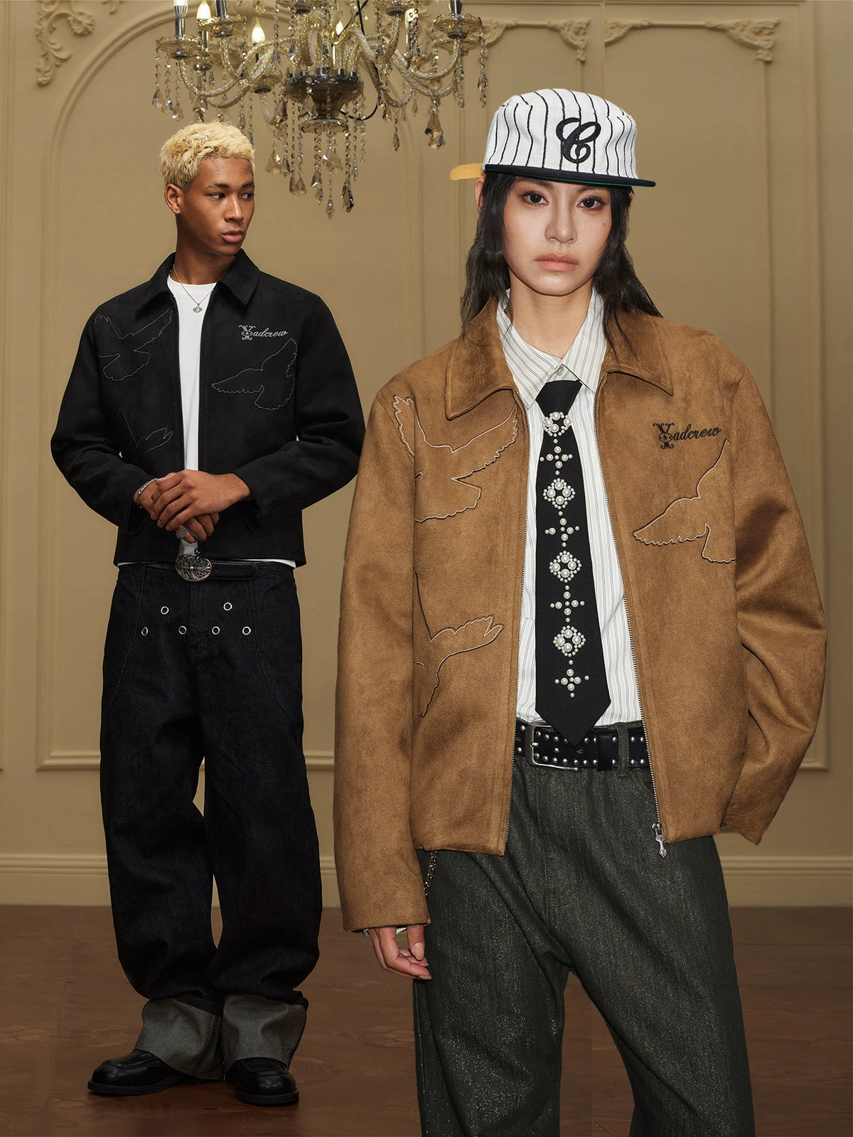 YAD Peace Dove silhouette appliqué suede lapel jacket with a black chain, brown unisex youth