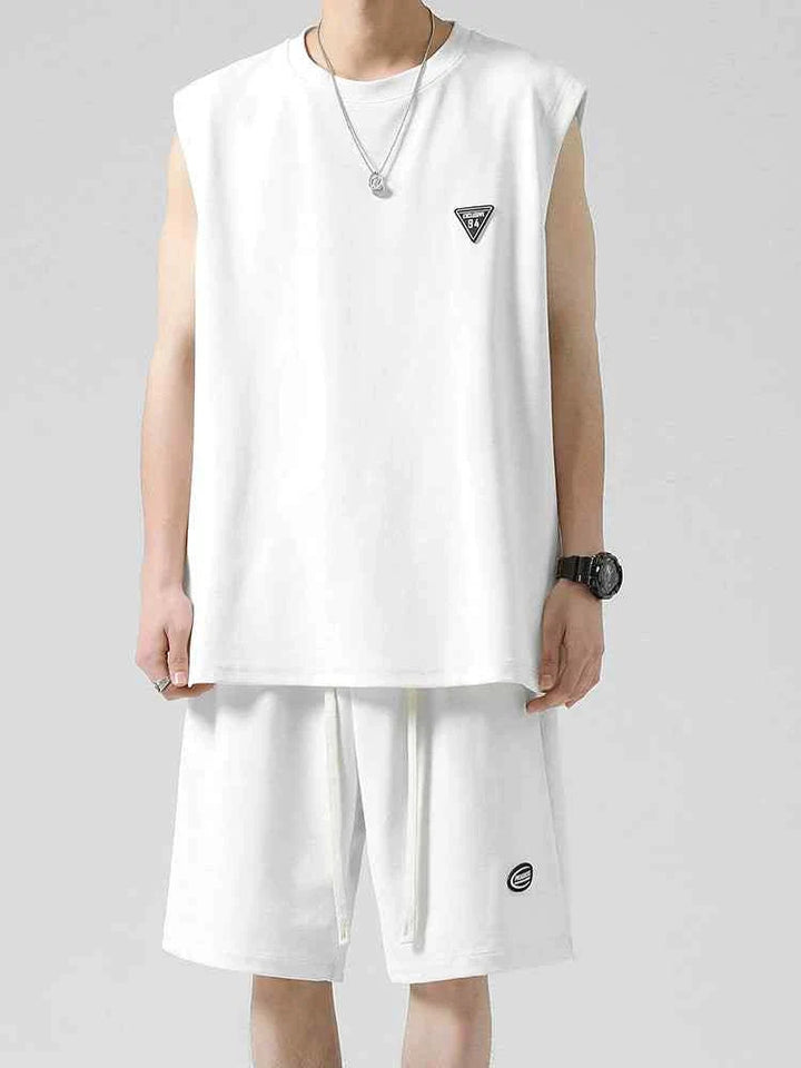 Men's white sleeveless summer outfit made from cooling Ice Silk fabric, casual loose fit with adjustable shorts.